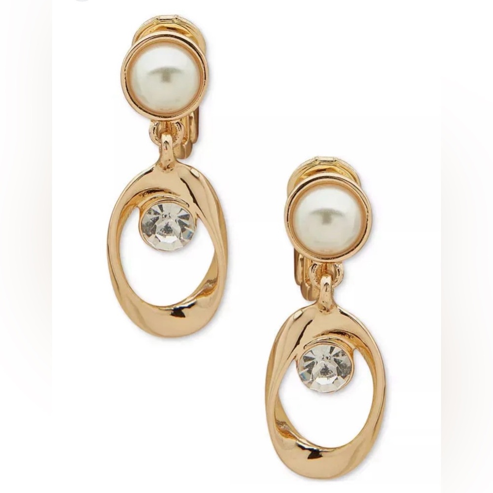 Anne Klein Gold Tone Crystal & Imitation Pearl Orbital Clip On Drop Earrings